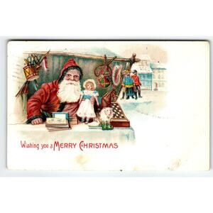 Santa Claus Christmas Village Toy Stand Horse Dolls Sheep Postcard 1906 Antique